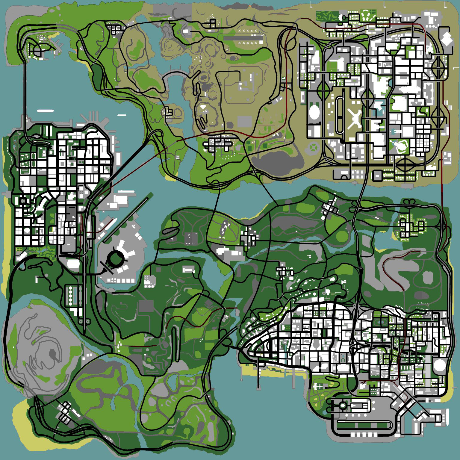 This is a full map of San Andreas without anything written on it.